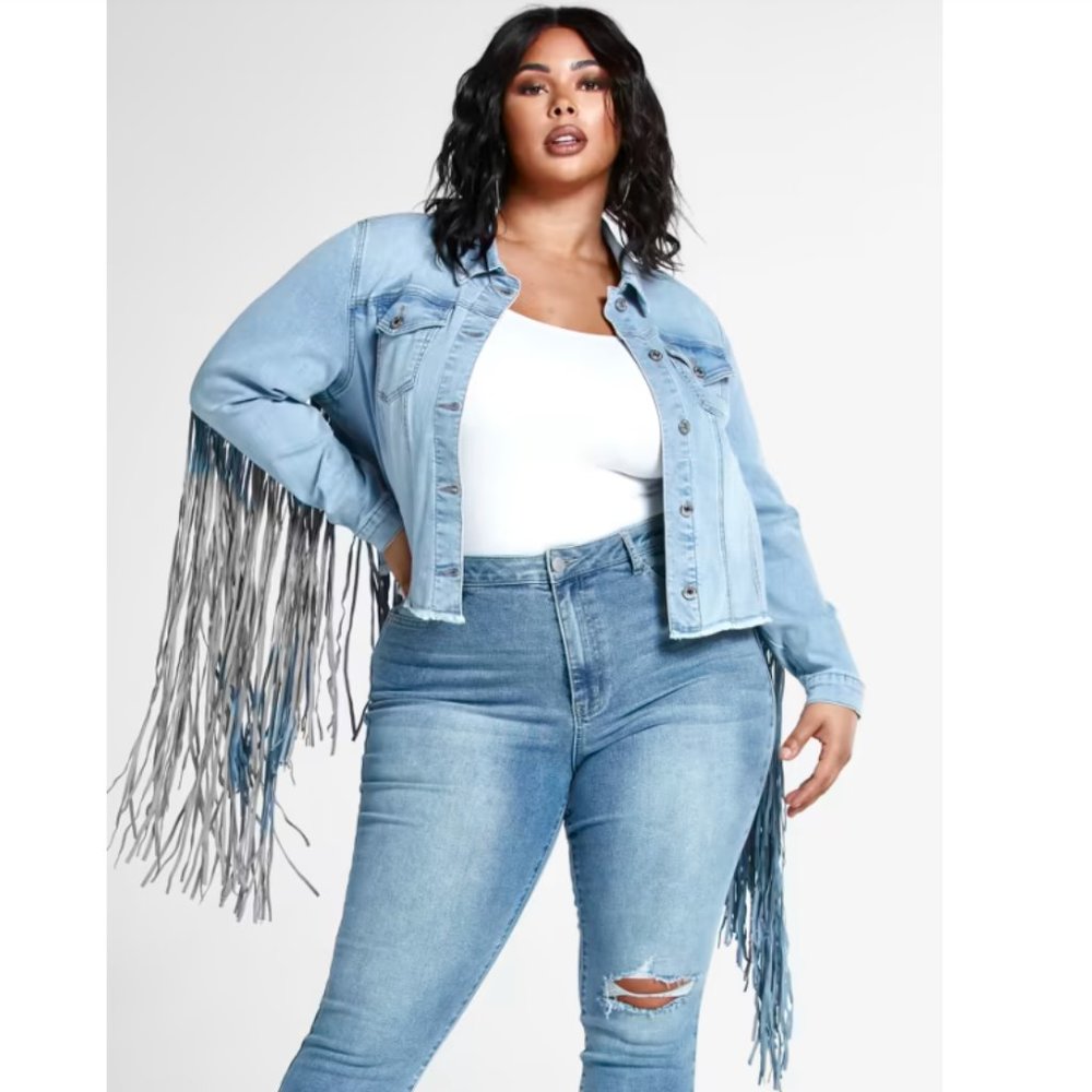 FASHION TO FIGURE, “Ruthie” Fringe Denim Trucker Jacket, Size 0X (plus size 0)